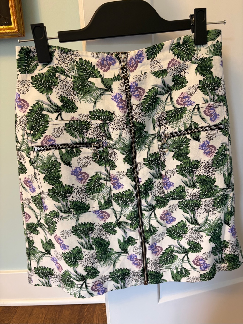 Maje White Mini Skirt with Green Leaf and Purple Floral Print